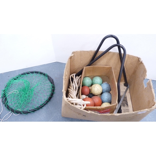 184 - Painted carpet bowls, rope, bottle rack etc.