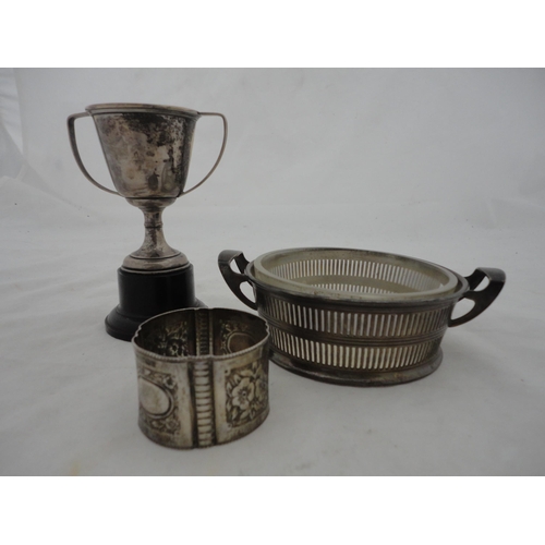 191 - Silver-mounted butter dish with glass insert, silver napkin ring and a small silver prize cup, silve... 
