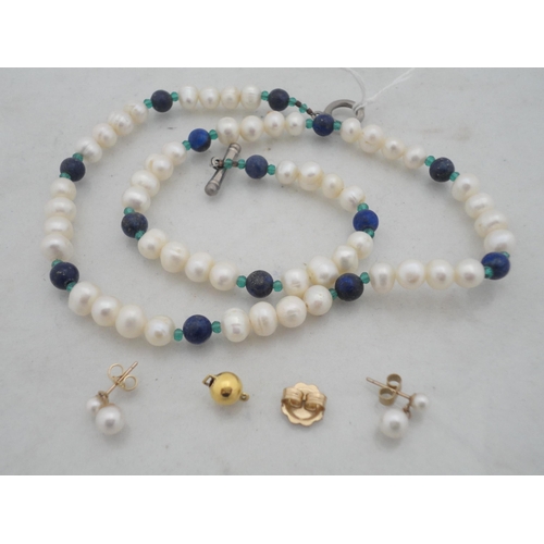 207 - Cultured pearl necklace interspersed with lapis-type stones, a pair of pearl earrings, a 9ct gold ea... 