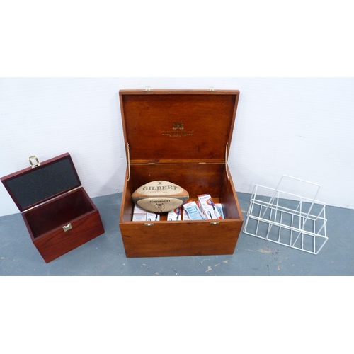 240 - Fortnum & Mason box containing a rugby ball, collector's box and a bottle rack etc.