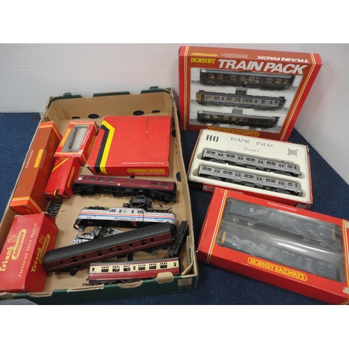 26 - Carton containing 00 gauge coaches and rolling stock to include a boxed Hornby R.267 two car DMU cla... 