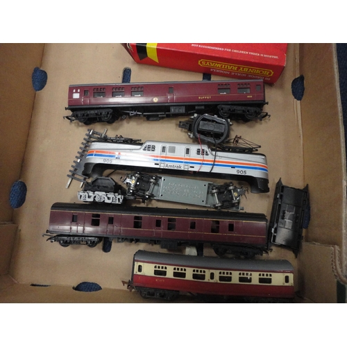 26 - Carton containing 00 gauge coaches and rolling stock to include a boxed Hornby R.267 two car DMU cla... 