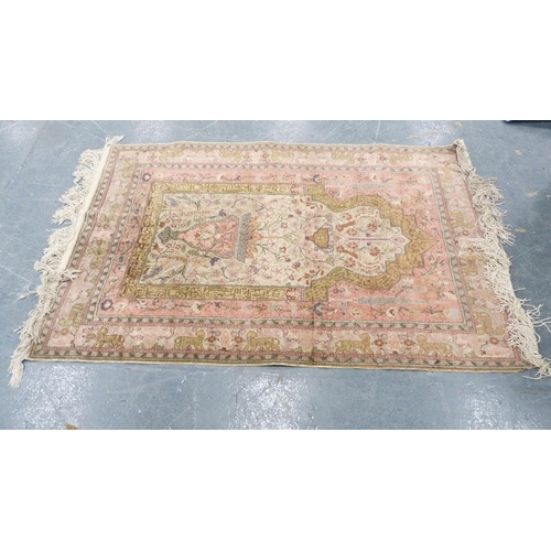 292 - Indian Kashmir hand-knotted rug decorated with animals on a pink ground.