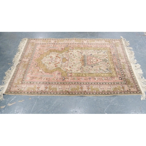 292 - Indian Kashmir hand-knotted rug decorated with animals on a pink ground.