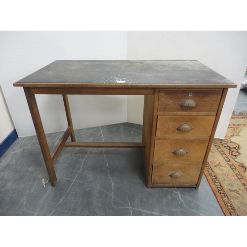 302 - Vintage oak desk with four drawers to one side.