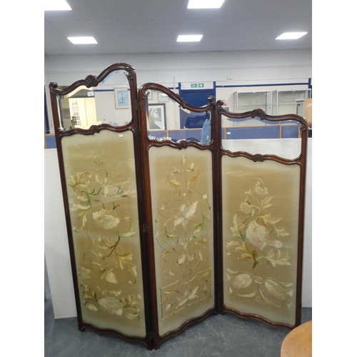 309 - Mahogany three-section dressing screen with glazed panels above Chinese-style floral embroidered sec... 