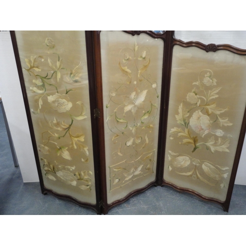 309 - Mahogany three-section dressing screen with glazed panels above Chinese-style floral embroidered sec... 