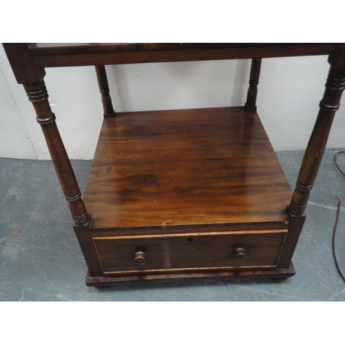 312 - 19th century mahogany whatnot with open tiers above a single drawer.