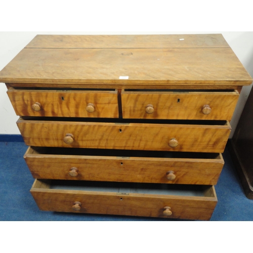 315 - Victorian satinwood chest of two short and three long drawers.