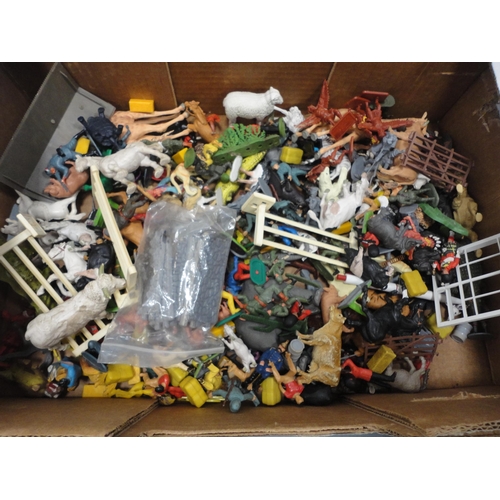 32 - Carton containing plastic farm animals, toy soldiers etc.