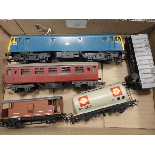 34 - Three cartons containing 00 gauge tankers, coaches, 47606 locomotive, rolling stock, parts etc.