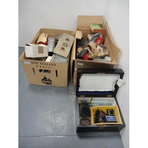 44 - Victorian collector's box and two cartons containing a large quantity of 00 gauge model buildings.