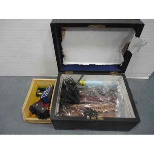 44 - Victorian collector's box and two cartons containing a large quantity of 00 gauge model buildings.