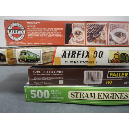 45 - Two cartons containing Lima 0 gauge shunter, buildings, Airfix kits, parts, jigsaws etc.