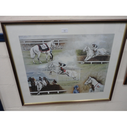 51 - Limited edition horse racing print, signed indistinctly, no. 303/660, another, by Louise Wood of Des... 