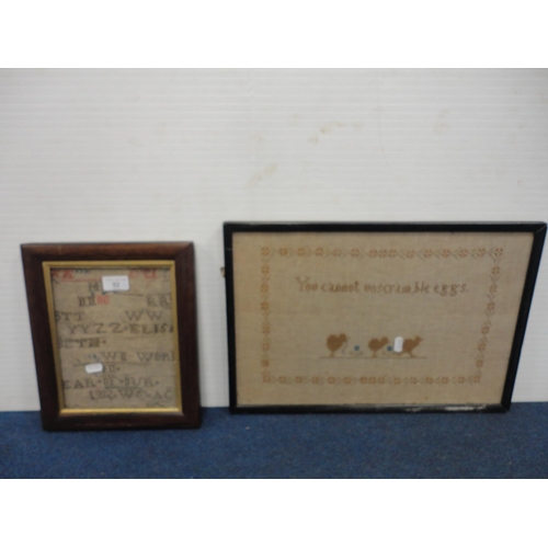 52 - 19th century sampler (worn) in a rosewood frame, and another needlepoint picture.  (2)