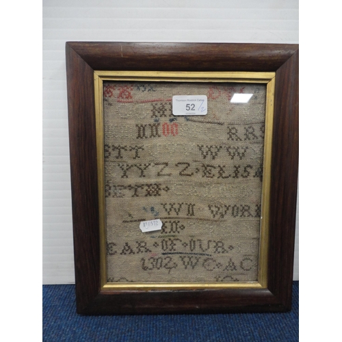 52 - 19th century sampler (worn) in a rosewood frame, and another needlepoint picture.  (2)