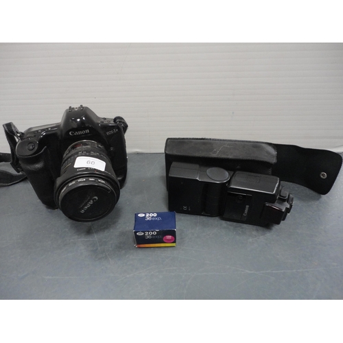 60 - Canon EOS-1 camera, with Canon lens attached, a Canon  ET-83 70-200mm lens, a box camera and accesso... 