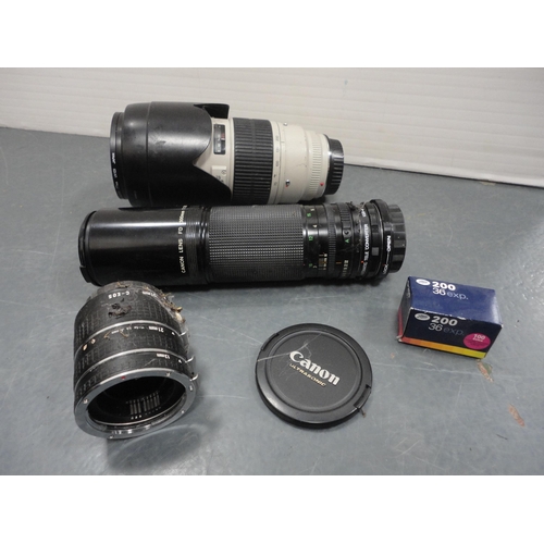 60 - Canon EOS-1 camera, with Canon lens attached, a Canon  ET-83 70-200mm lens, a box camera and accesso... 