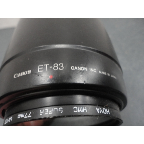 60 - Canon EOS-1 camera, with Canon lens attached, a Canon  ET-83 70-200mm lens, a box camera and accesso... 