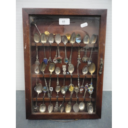 68 - Collection of souvenir spoons to include some silver examples, contained in a display case.