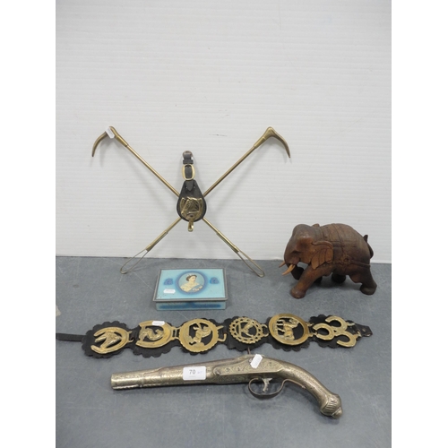 70 - Replica flintlock pistol with brass stock, horse brasses, an elephant ornament and a commemorative t... 