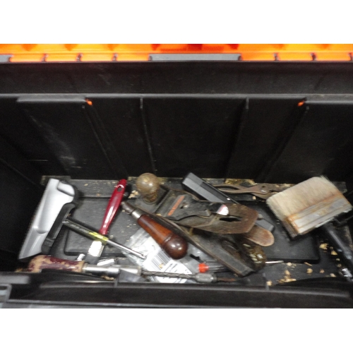 71 - Toolbox containing assorted tools to include a Stanley plane, drill bits, router bits, socket set ac... 