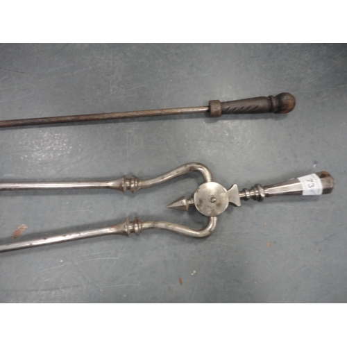 73 - Set of polished steel fire tongs, another set of tongs, poker and a set of brass-coated bellows.