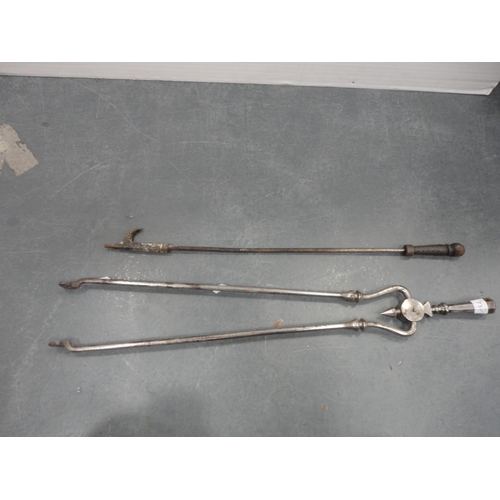 73 - Set of polished steel fire tongs, another set of tongs, poker and a set of brass-coated bellows.