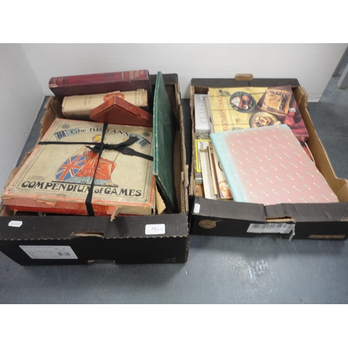 75 - Two cartons containing general books to include cookery, also games to include a Britannia games com... 