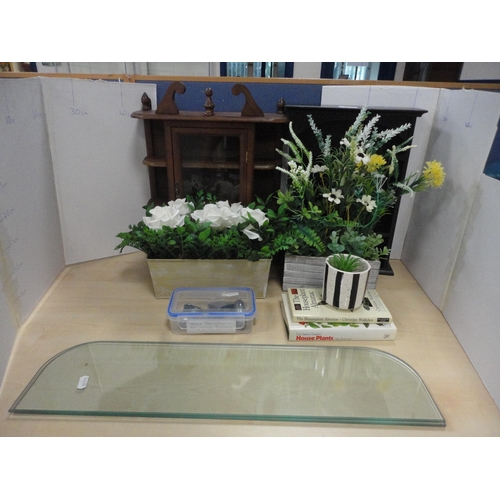 76 - Artificial flowers, botanical books, two display units and glass shelves with fittings.