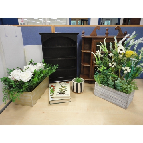 76 - Artificial flowers, botanical books, two display units and glass shelves with fittings.