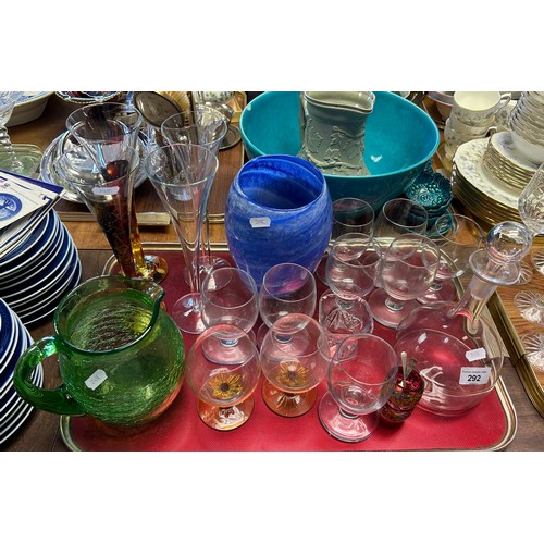 292 - Selection of glassware to include green jug Art Glass vase, decanters etc