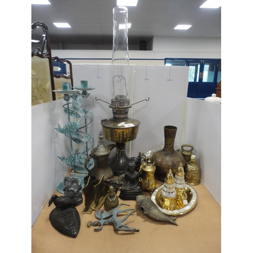 87 - Oil lamp, Indian brass vase, Oriental Buddha figures, brass weight, bell, candlesticks etc.