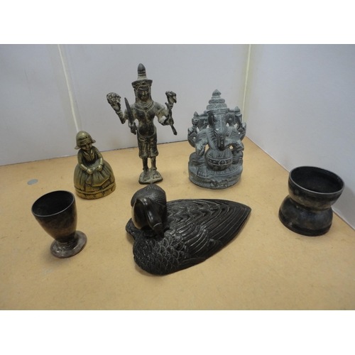 87 - Oil lamp, Indian brass vase, Oriental Buddha figures, brass weight, bell, candlesticks etc.