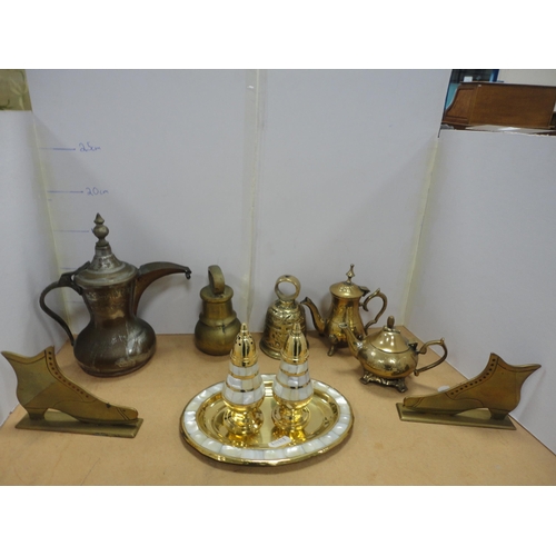 87 - Oil lamp, Indian brass vase, Oriental Buddha figures, brass weight, bell, candlesticks etc.