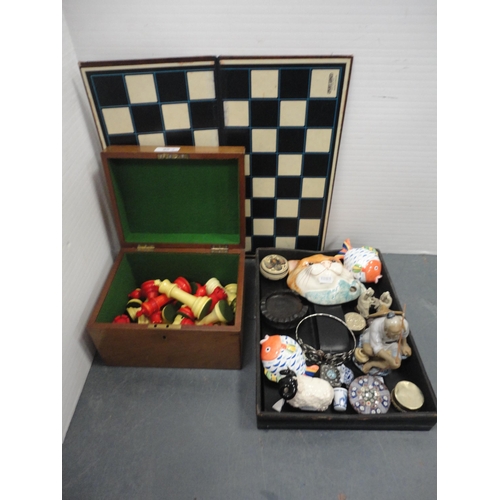 90 - Set of painted resin chess pieces in fitted box, brass board, and a carton containing curios to incl... 