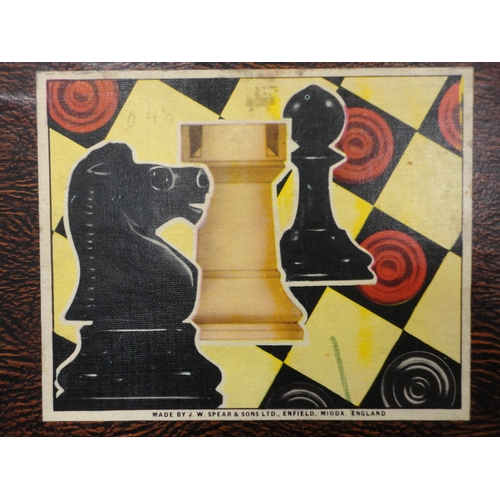 90 - Set of painted resin chess pieces in fitted box, brass board, and a carton containing curios to incl... 