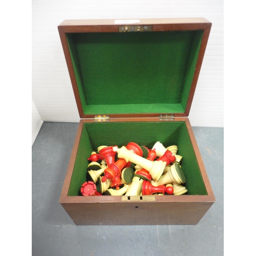 90 - Set of painted resin chess pieces in fitted box, brass board, and a carton containing curios to incl... 