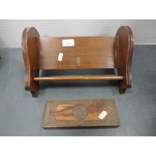 91 - Stationery rack containing pipes, book trough, brass-inlaid box, and a voltmeter etc.