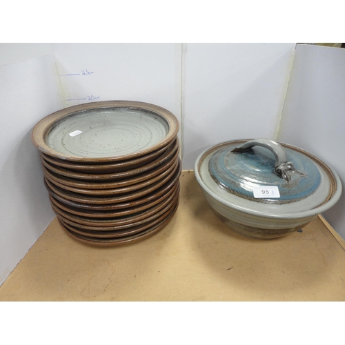 95 - Studio pottery part dinnerwares to include a tureen and similar plates.