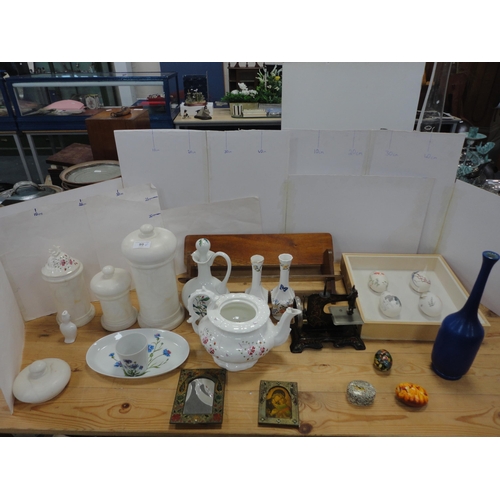 99 - Alabaster-style chemist-type jars and covers, Victorian teapot (lacking cover), oil bottle, Aynsley ... 