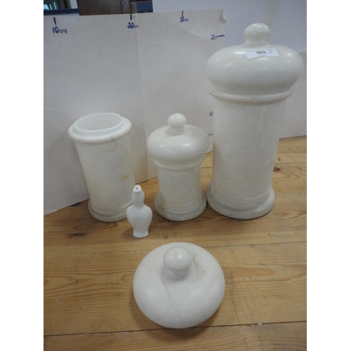 99 - Alabaster-style chemist-type jars and covers, Victorian teapot (lacking cover), oil bottle, Aynsley ... 