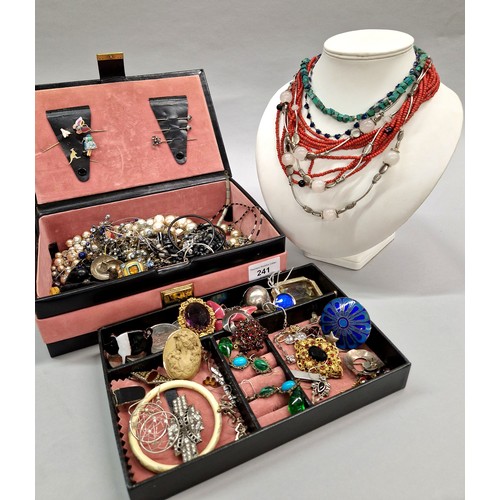 241 - Jewellery box containing vintage jewellery and costume, bangles, brooches, pins, earrings, coins, et... 