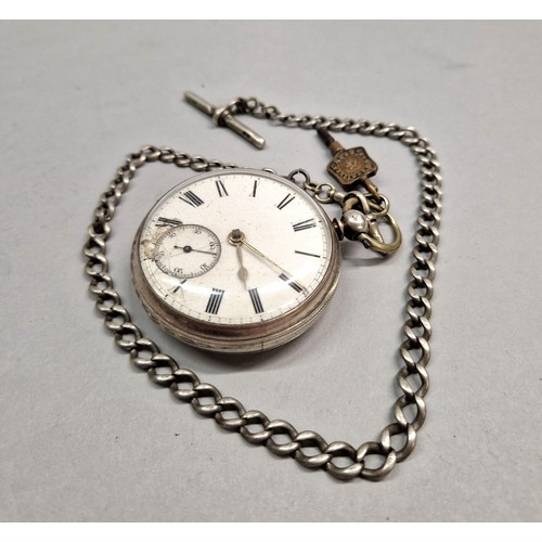 246 - Silver pocket watch hallmarked London 1875, on silver T-bar chain