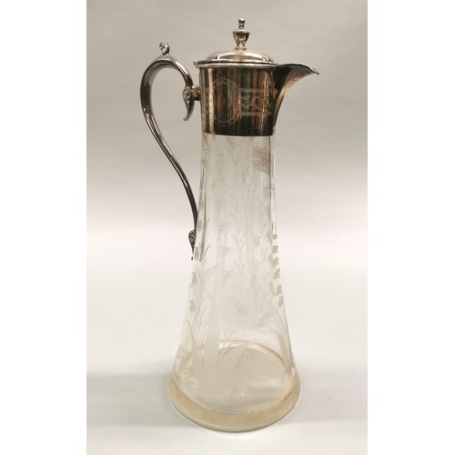 253 - Etched glass claret jug with silver plated mounts