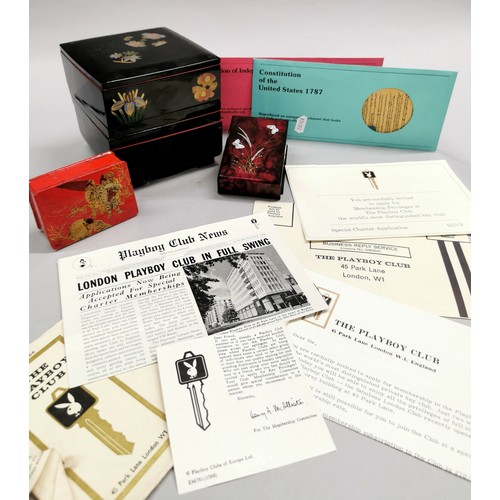 271 - Three oriental boxes, Playboy Club London ephemera, and reproduction USA constitution etc