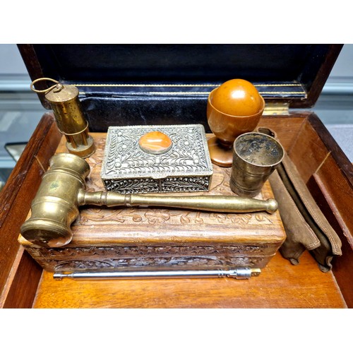 273 - 19th century stationery box containing carved wooden box, brass gavel, white metal filigree box set ... 