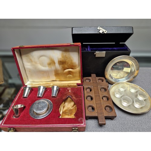 275 - Two part communion sets, cased and a communion glass stand labelled 'This oak was part of Glasgow Ca... 