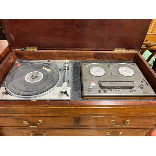 620 - Mahogany music cabinet in form of chest of drawers with pair of Wharfdale speakers, Goldring Lenco G... 